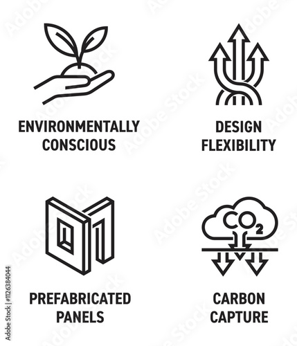 Engineered wood icons - Environmentally, Flexibility, Prefabricated, Carbon capture