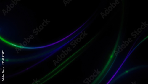 A vibrant composition of flowing neon lines in green and purple hues on a black background, symbolizing energy, motion, and futuristic design.