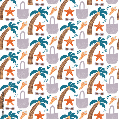 Seamless pattern with palm trees, starfish, seashells, and summer decorative elements