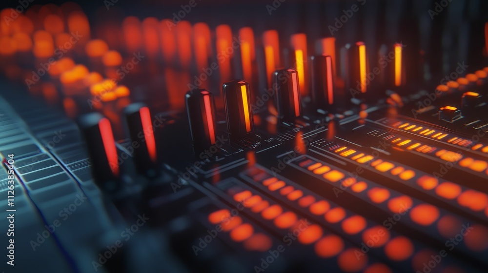 Fototapeta premium Illuminated control panel; glowing faders and buttons.