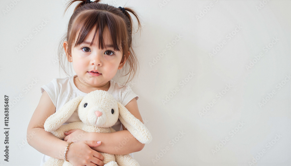 Little girl with a serious expression holding a plush bunny on a light background Little girl with a serious expression holding a plush bunny on a light background