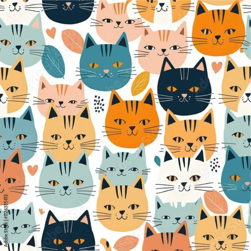 Seamless childish pattern with cute hand drawn cats heads.
 Creative kids hand drawn texture for fabric, wrapping, textile, wallpaper, apparel. Vector illustration 