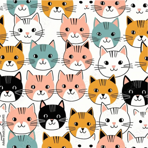 Seamless childish pattern with cute hand drawn cats heads.
 Creative kids hand drawn texture for fabric, wrapping, textile, wallpaper, apparel. Vector illustration 