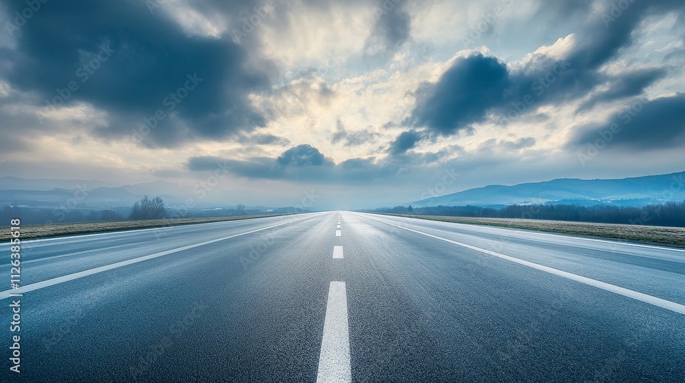 Fototapeta premium Open road landscape, dramatic sky with clouds, mountains in distance, scenic view, empty road, travel inspiration