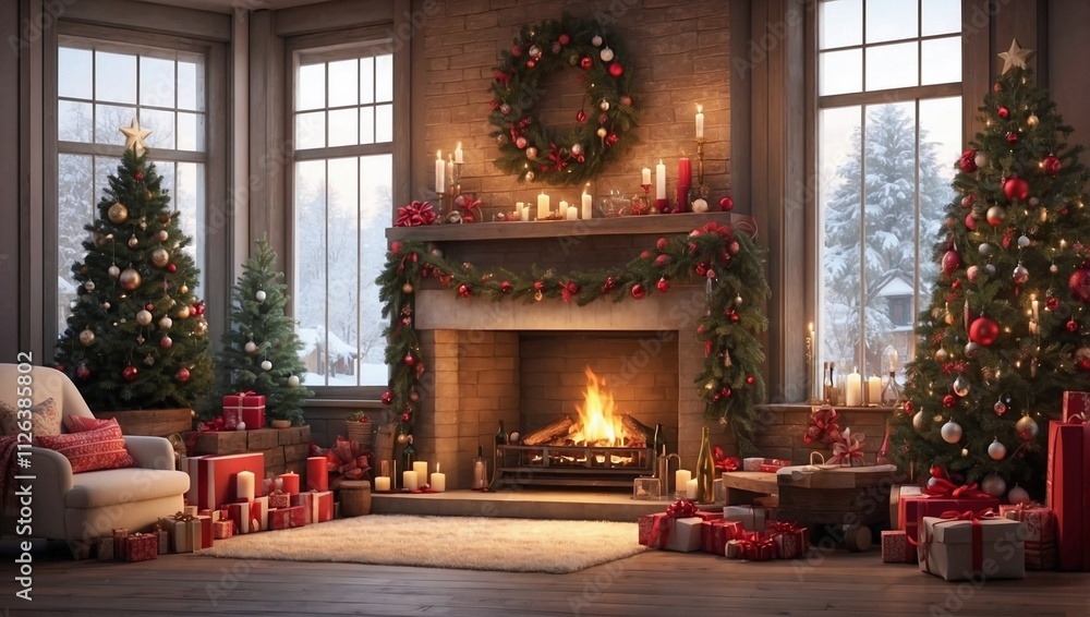 Fototapeta premium Decorated Fireplace Brings Christmas Spirit Home