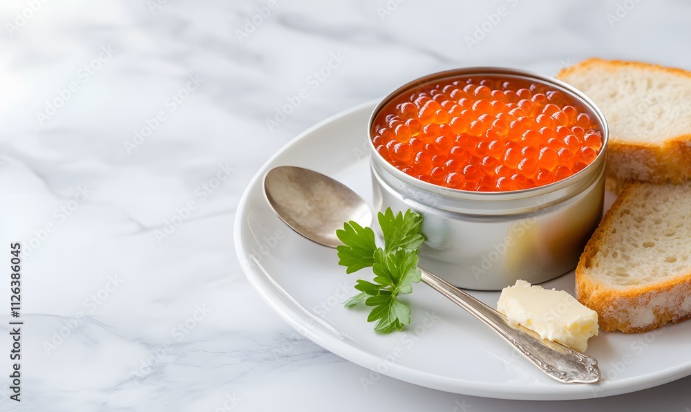 red caviar in a can on a white plate with a vintage spoon and cream cheese butter for toasting bread, Generative AI red caviar in a can on a white plate with a vintage spoon and cream cheese butter for toasting bread, Generative AI