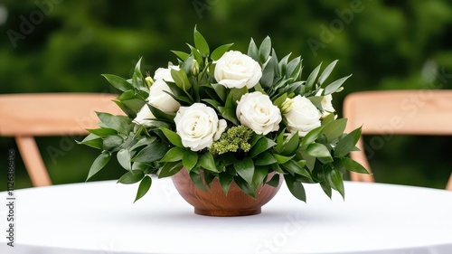 Coastal wedding with nautical inspired decor, white and navy blue accents, and elegant floral arrangements featuring tropical blooms photo