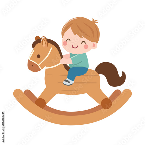 Little boy is playing baby rocking horse. Wooden toy for toddlers or kids. Baby toy or baby element concept. Flat vector in cartoon style isolated on white background.
