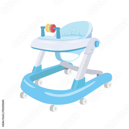 Blue baby walker clipart. Item for toddler to learn walking. Baby product, baby element, baby shower concept. Flat vector in cartoon style isolated on white background.