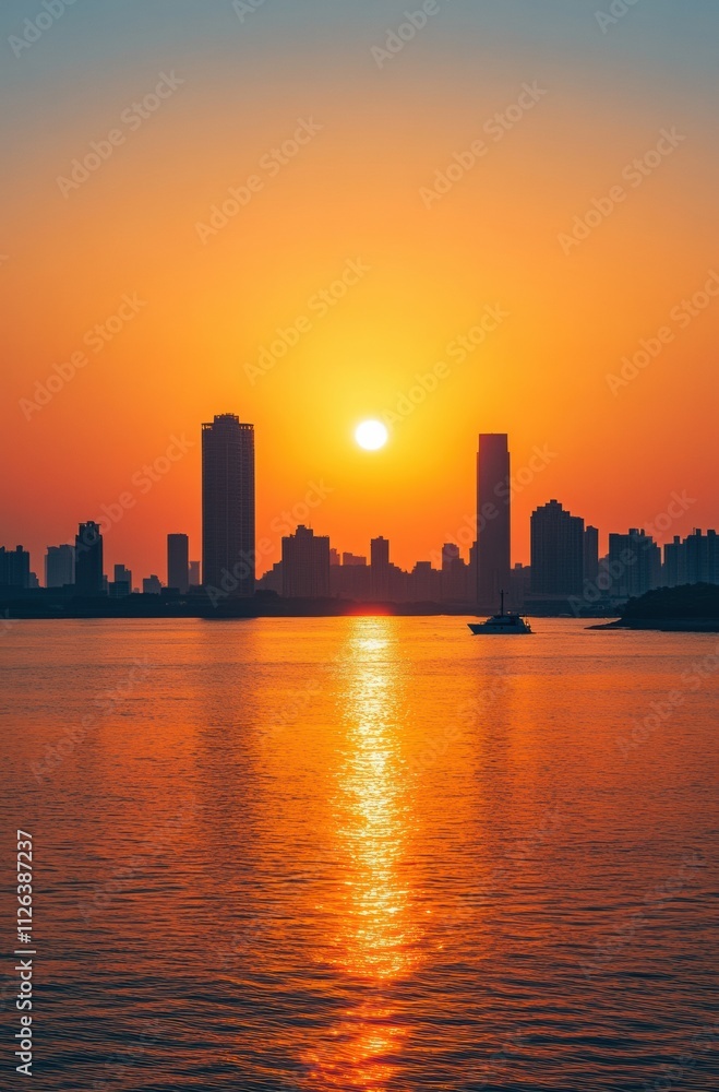 Fototapeta premium A city skyline is reflected in the water as the sun sets