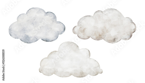 Set of Pastel beige cartoon clouds isolated on background. Hand drawn watercolor illustration for girl or boy childish educational, nursery art. weather icons. Symbols for forecasts of meteorology.