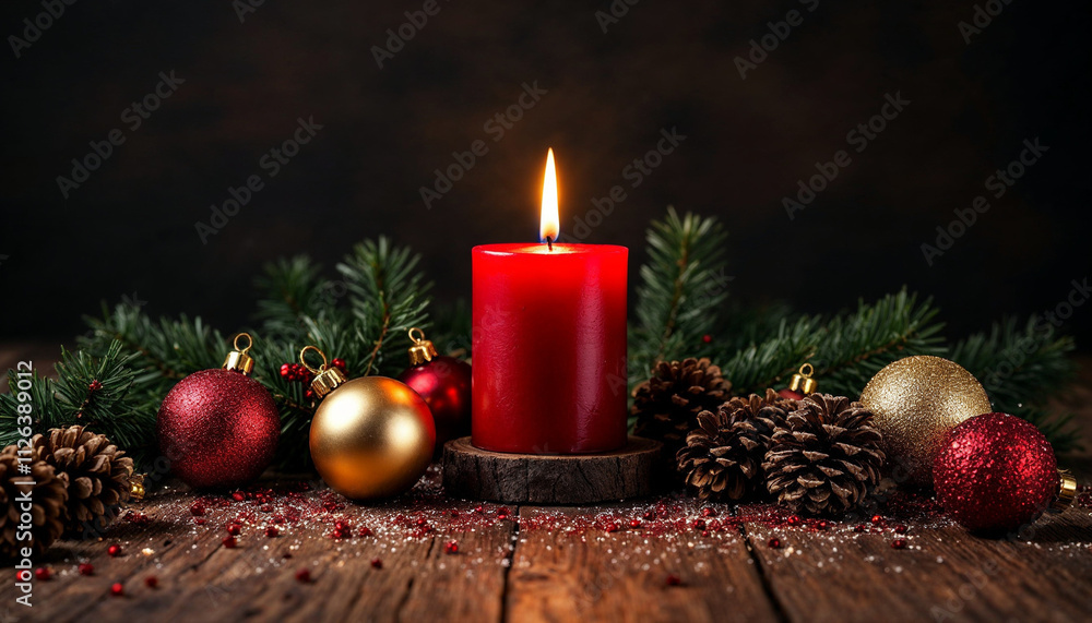 A red candle surrounded by pine cones and ornaments, creating a cozy holiday ambiance.
A red candle surrounded by pine cones and ornaments, creating a cozy holiday ambiance.