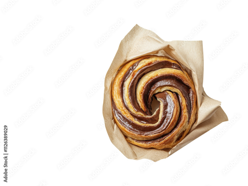 delicious spiral pastry with chocolate swirls, partially wrapped in brown paper, isolated on white background, PNG delicious spiral pastry with chocolate swirls, partially wrapped in brown paper, isolated on white background, PNG