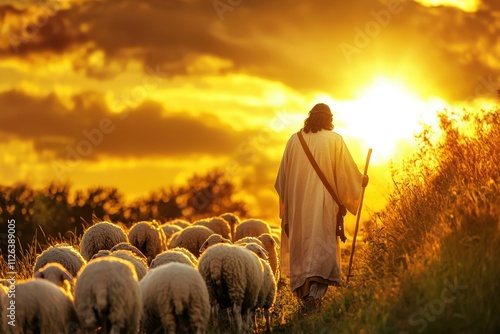 Jesus as a Shepherd Leading a Flock of Sheep at Sunset, Symbolizing Faith, Compassion, and Divine Guidance in a Serene Pastoral Landscape