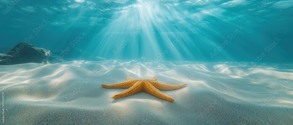 starfish resting on sandy ocean floor with sunlight rays starfish resting on sandy ocean floor with sunlight rays