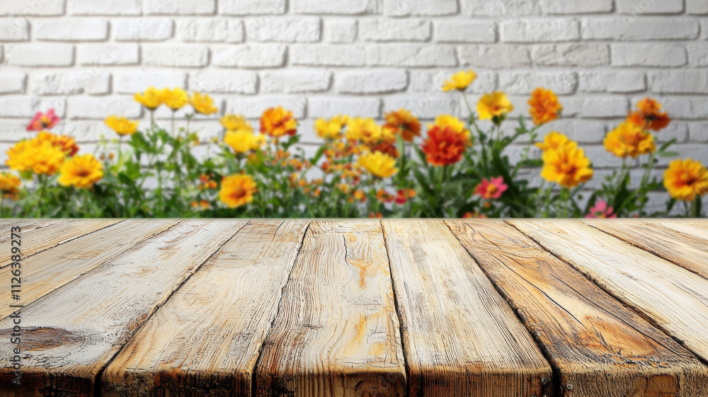 A natural wooden table with visible grain texture, with blurred yellow and orange flowers in the background, placed in front of a bright white brick wall for a warm and cheerful vibe A natural wooden table with visible grain texture, with blurred yellow and orange flowers in the background, placed in front of a bright white brick wall for a warm and cheerful vibe