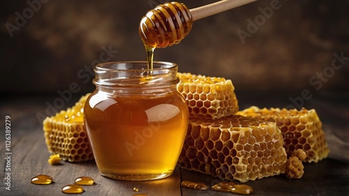 Natural organic honey in glass jar, honey dipper and honeycombs are near. Natural food background.