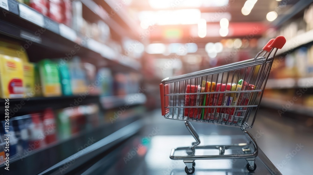 Mini cart in supermarket aisle. Mini cart in supermarket aisle.