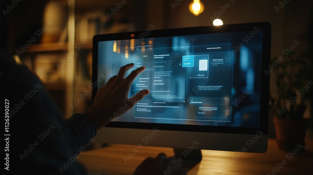Person interacts with glowing computer screen. Person interacts with glowing computer screen.