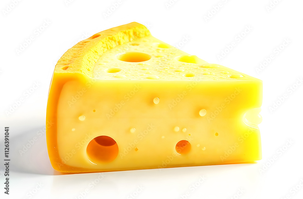 Delicious yellow cheese wedge on a clean surface showcasing holes and texture in bright light Delicious yellow cheese wedge on a clean surface showcasing holes and texture in bright light