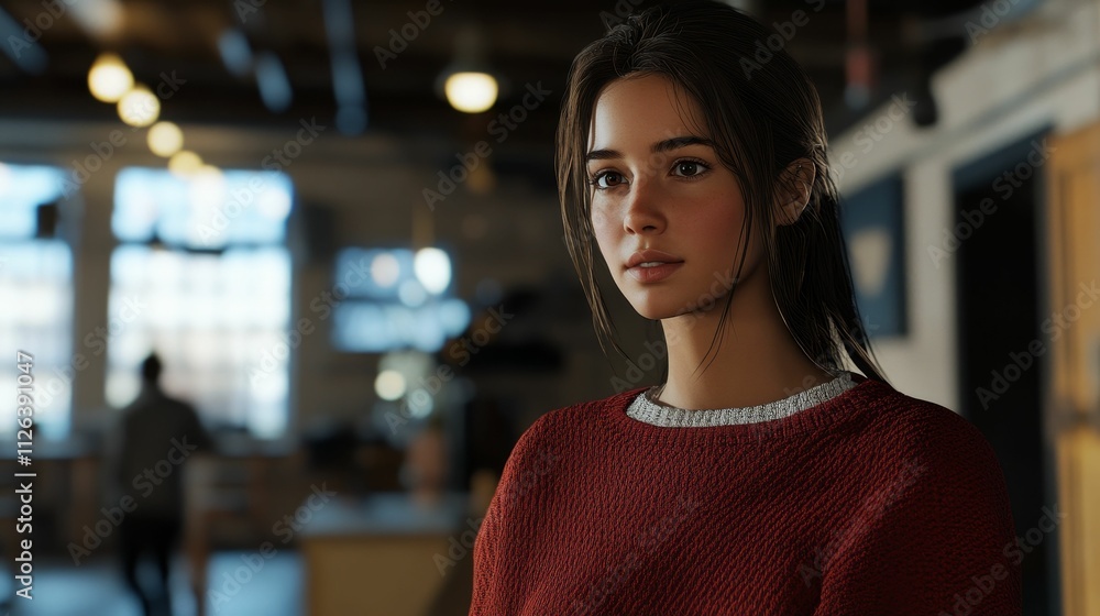 Young woman, red sweater, indoor setting, thoughtful expression. Young woman, red sweater, indoor setting, thoughtful expression.
