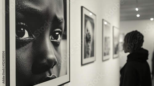 Close-up black and white portrait of a child in an art gallery.