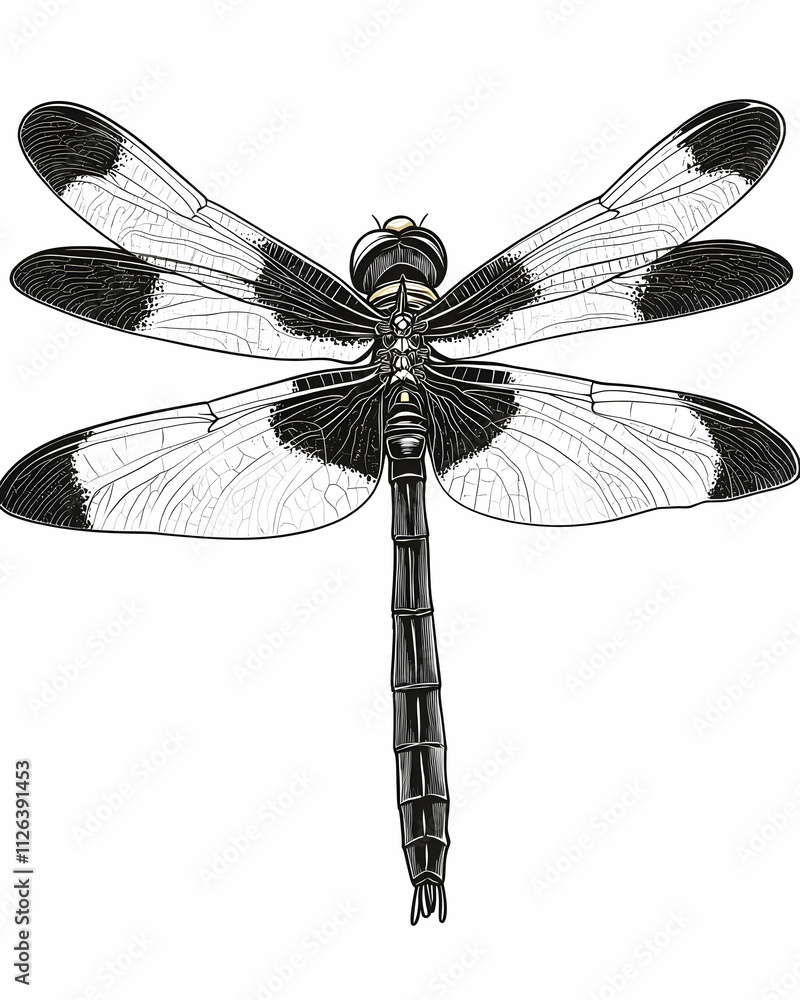 Detailed illustration of a black and white dragonfly, viewed from above, showcasing its intricate wing patterns and body segments. Detailed illustration of a black and white dragonfly, viewed from above, showcasing its intricate wing patterns and body segments.