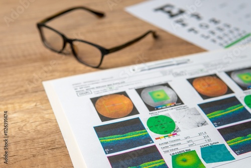 A pair of eyeglasses and a macular report including eye charts and OCT scans. Eye health and vision care concept.