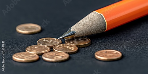 A close-up of a sharpened pencil resting on a few stacked coins, highlighting a contrast between stationery and currency. photo