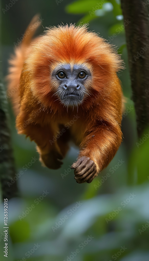 Golden lion tamarin monkey leaping through lush rainforest, close-up. Golden lion tamarin monkey leaping through lush rainforest, close-up.