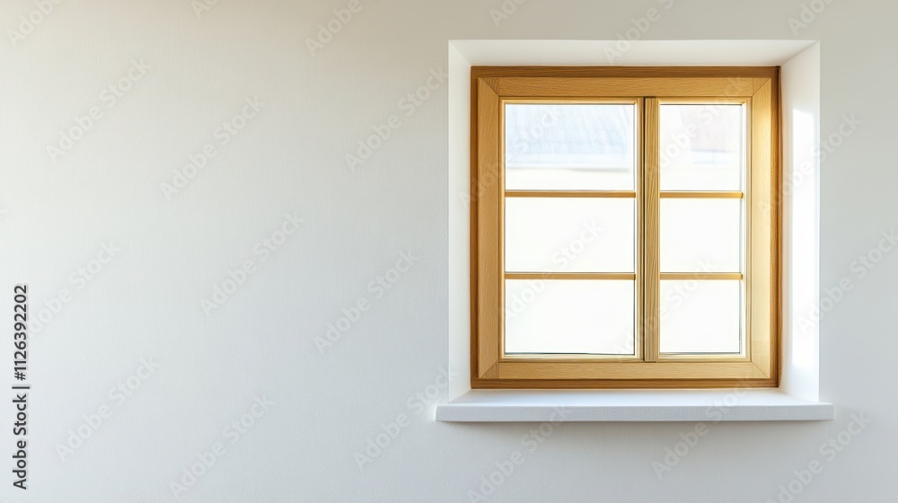 A wooden window set in a minimalist wall, allowing natural light to enter the space. A wooden window set in a minimalist wall, allowing natural light to enter the space.