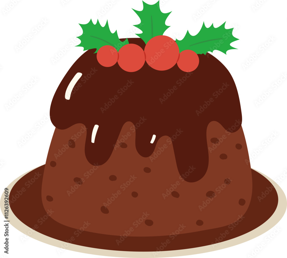 Christmas pudding, fruit cake with holly berry. Christmas pudding, fruit cake with holly berry.