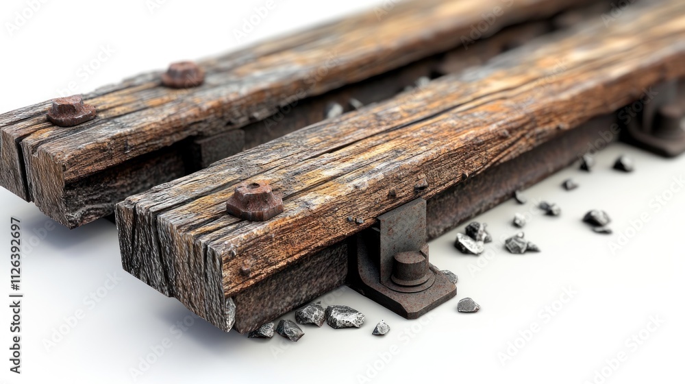 Fototapeta premium Close-up of weathered wooden railway ties with metal fasteners and gravel.