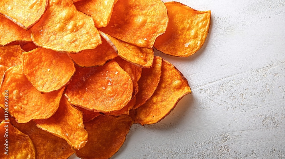 Bright orange sweet potato chips scattered on a white surface Bright orange sweet potato chips scattered on a white surface