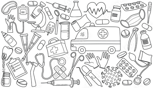 Hand drawn medical equipment doodle set with line art style isolated white background.