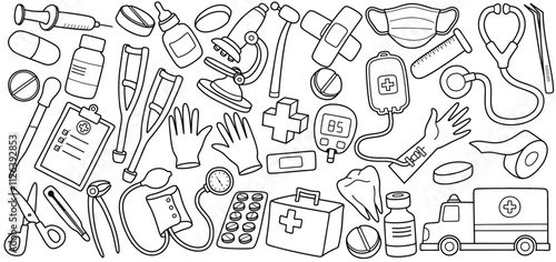Hand drawn medical equipment doodle set with line art style isolated white background.