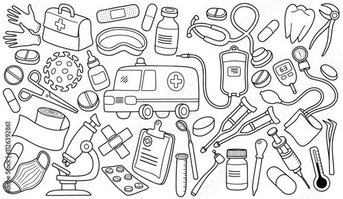 Medical tools doodles set on white background.