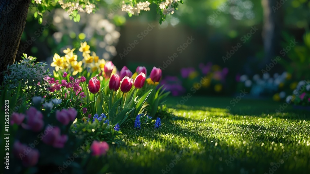 Fototapeta premium Vibrant Tulips Blooming in Sunlit Spring Garden with Green Grass and Colorful Floral Landscape