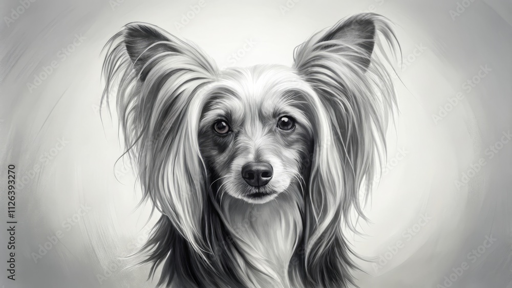Naklejka premium Minimalist Chinese Crested Powderpuff Dog Ink Wash Painting, Elegant Pet Portrait, Artistic Canine Art, Black and White Dog