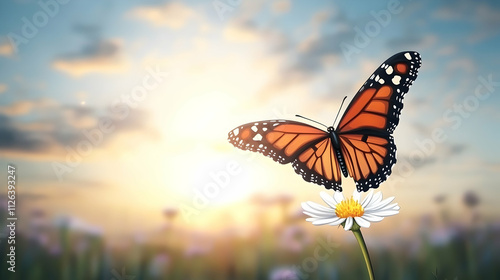 Monarch butterfly on daisy at sunset.