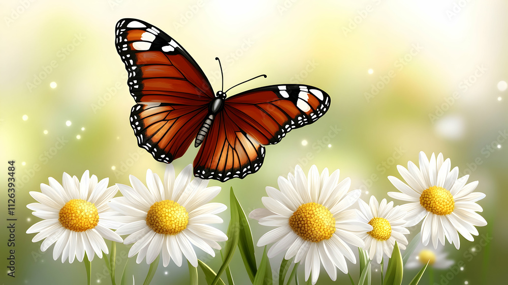 Orange butterfly on white daisies in a blurry green field.