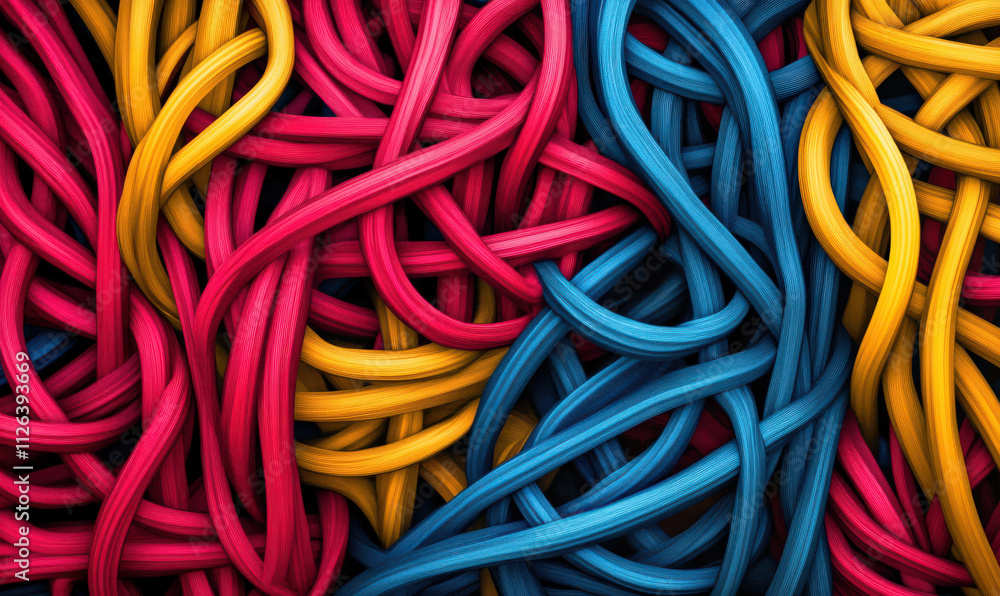 Intricate web of vibrant red, yellow, and blue lines captivating abstract image conveying complexity and connection Intricate web of vibrant red, yellow, and blue lines captivating abstract image conveying complexity and connection