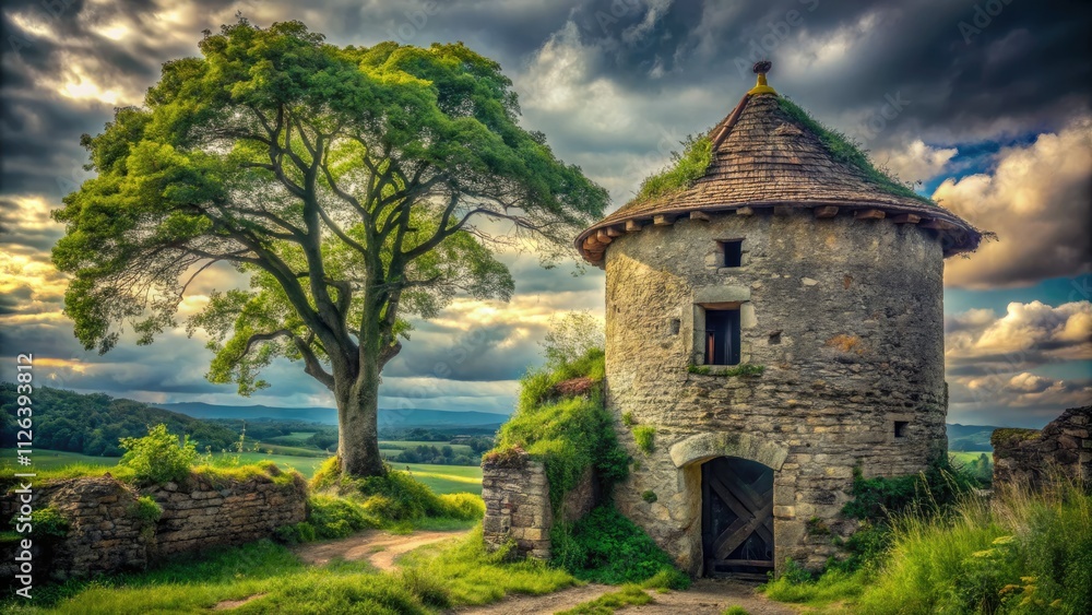 Fototapeta premium Crumbling dovecote, ancient tree sentinel, whispers of history in decaying stone.