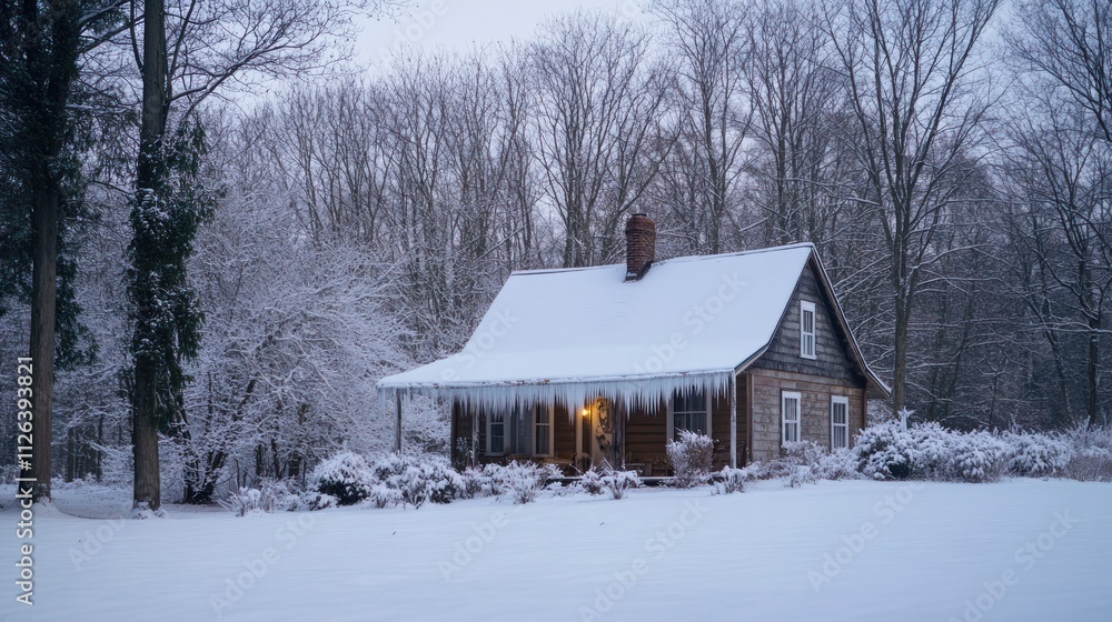 Classic winter house with icicles on roof, snow on trees, calm evening scene Classic winter house with icicles on roof, snow on trees, calm evening scene