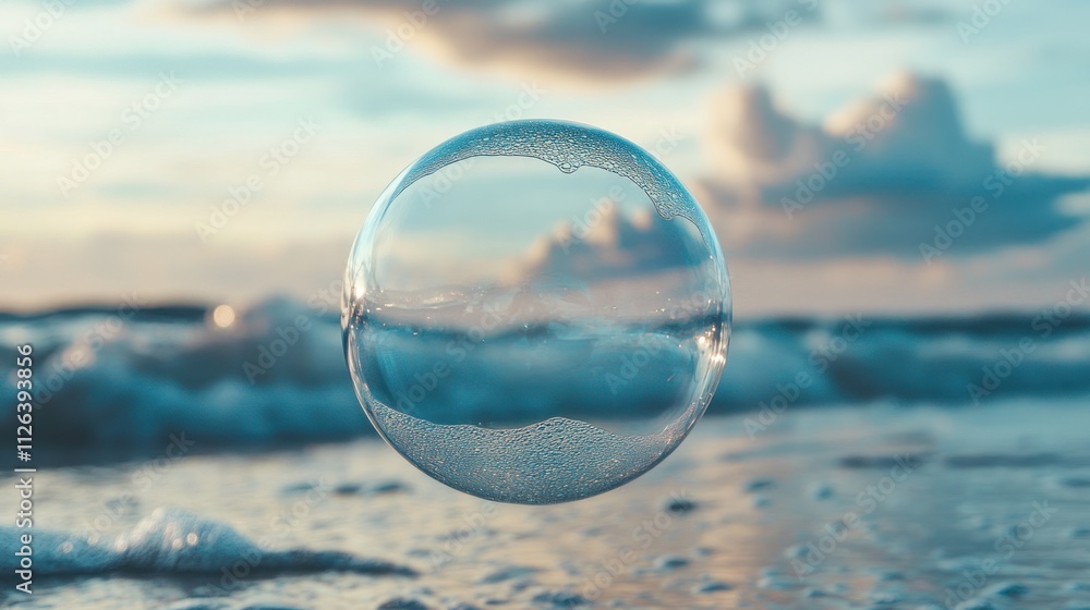 A clear soap bubble suspended above a beach, reflecting the ocean and sky. A clear soap bubble suspended above a beach, reflecting the ocean and sky.