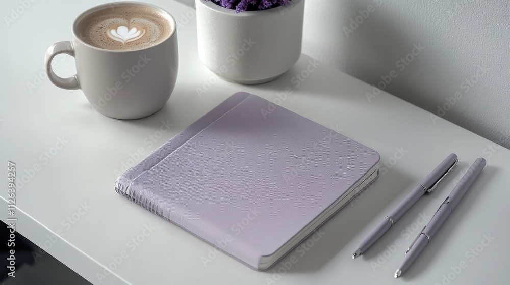 A serene workspace with a latte, notebook, and pens for inspiration and creativity. A serene workspace with a latte, notebook, and pens for inspiration and creativity.