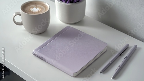 Wallpaper Mural A serene workspace with a latte, notebook, and pens for inspiration and creativity. Torontodigital.ca