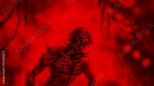 Scary monsters walks along dark corridor. 2D animation with devilish character. Spooky animated video clip. Motion graphics in horror fiction genre. Creepy Halloween. Black and red background movie.