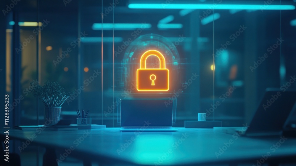 A glowing padlock icon above a laptop in a modern office setting, symbolizing cybersecurity. A glowing padlock icon above a laptop in a modern office setting, symbolizing cybersecurity.