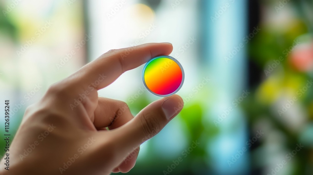Hand holds small, colorful, circular object.